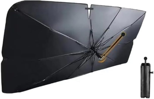 غطاء واقي من الشمس للزجاج الأمامي للسيارة قابل للطي لمعظم السيارات مع جيب تخزين جلدي، غطاء كتلة الزجاج الأمامي للسيارة مقاس 140 × 80 سم